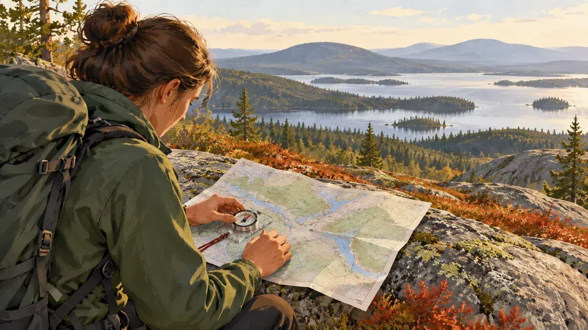 Illustration av karta och kompass vid orientering i naturen.