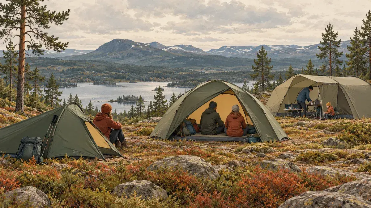 Illustration av en stilla tältplats i svensk natur, utan specifika produktmodeller.