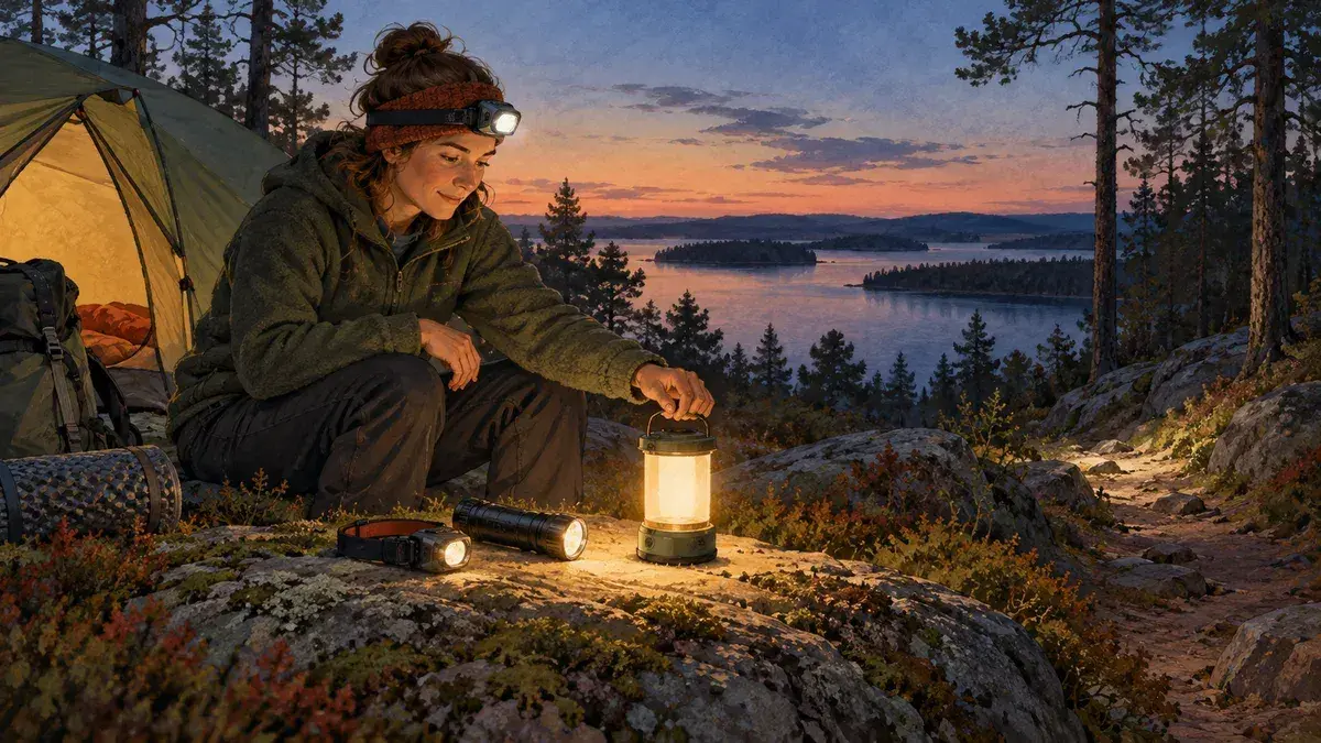 Illustration av pannlampa, ficklampa och lägerbelysning vid en skogscamp.