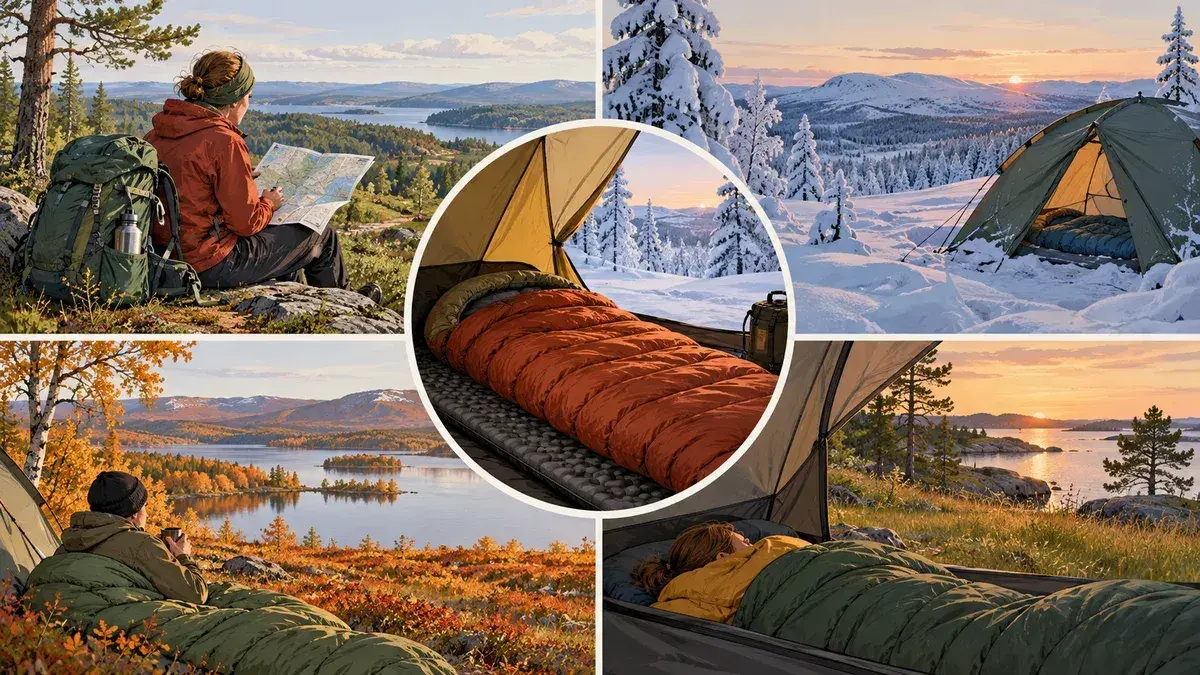 Illustration av en sovsäck och packning vid ett skogsläger; bilden visar inget praktiskt produkttest
