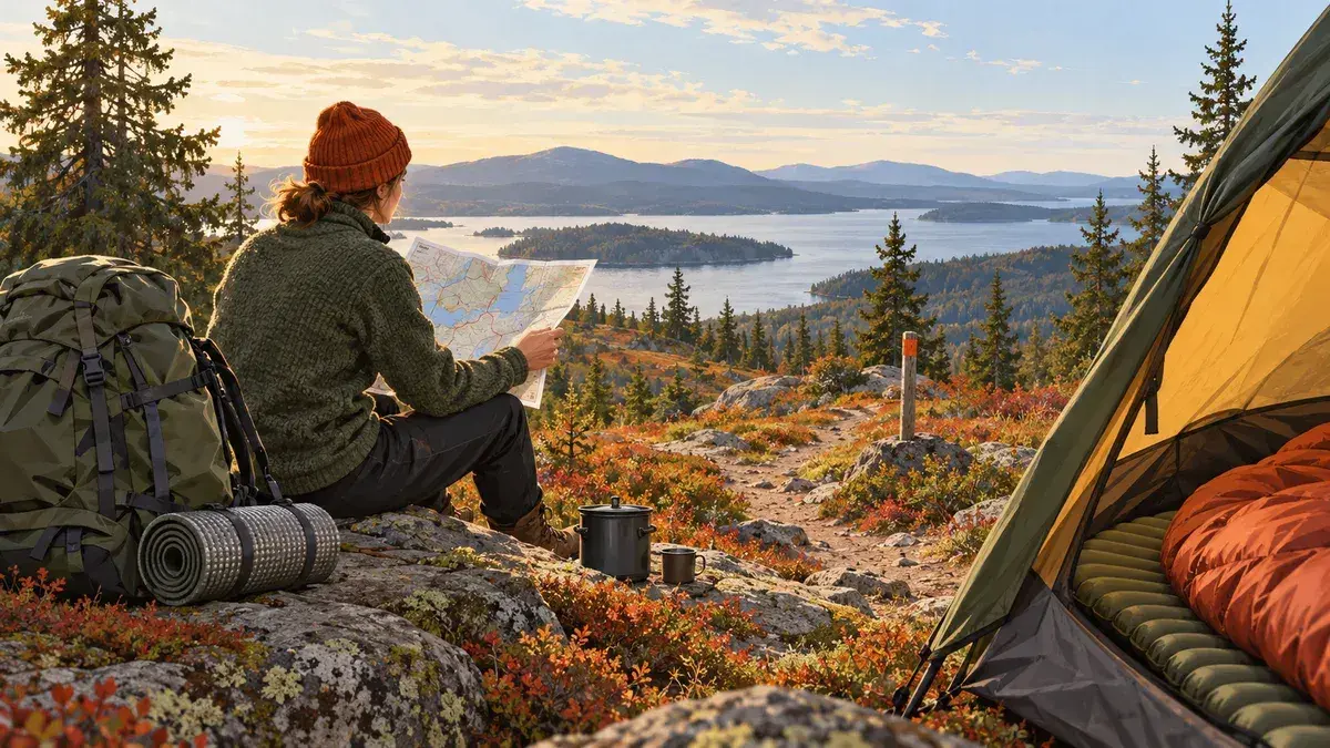 Illustration av karta och packning inför en vandring i svensk natur.