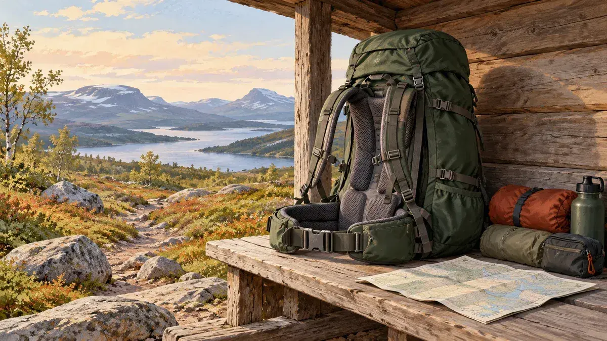Illustration av en vandringsryggsäck och packning vid en fjällstig