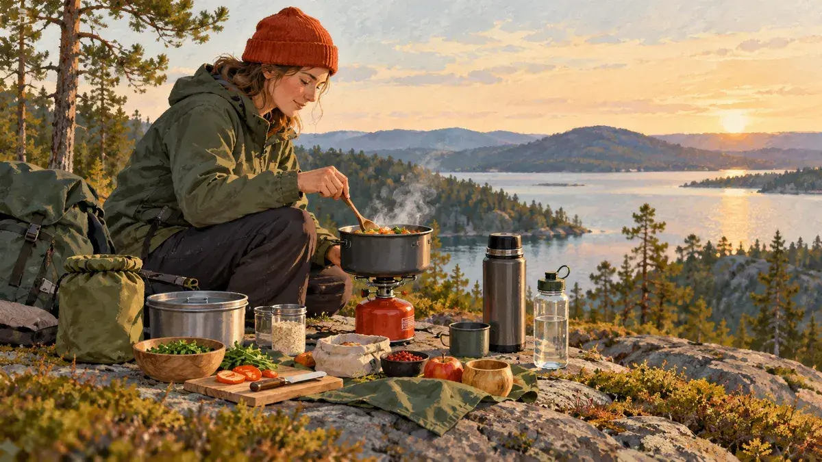Illustration av friluftskök, kokkärl och vattenflaska vid en rastplats