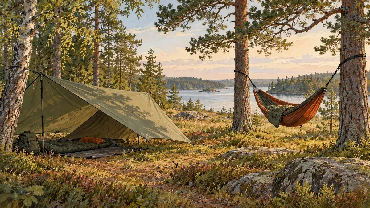 Illustration av en sovplats under tarp och en hängmatta mellan träd vid en sjö.