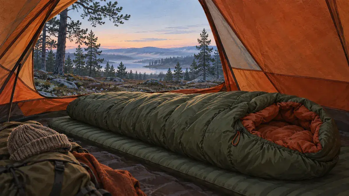 Illustration av sovsäck och liggunderlag vid ett tält nära en sjö
