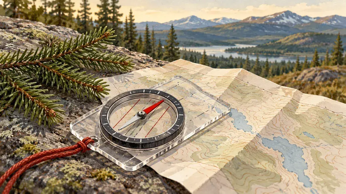 Illustration av kompass och karta inför vandring.