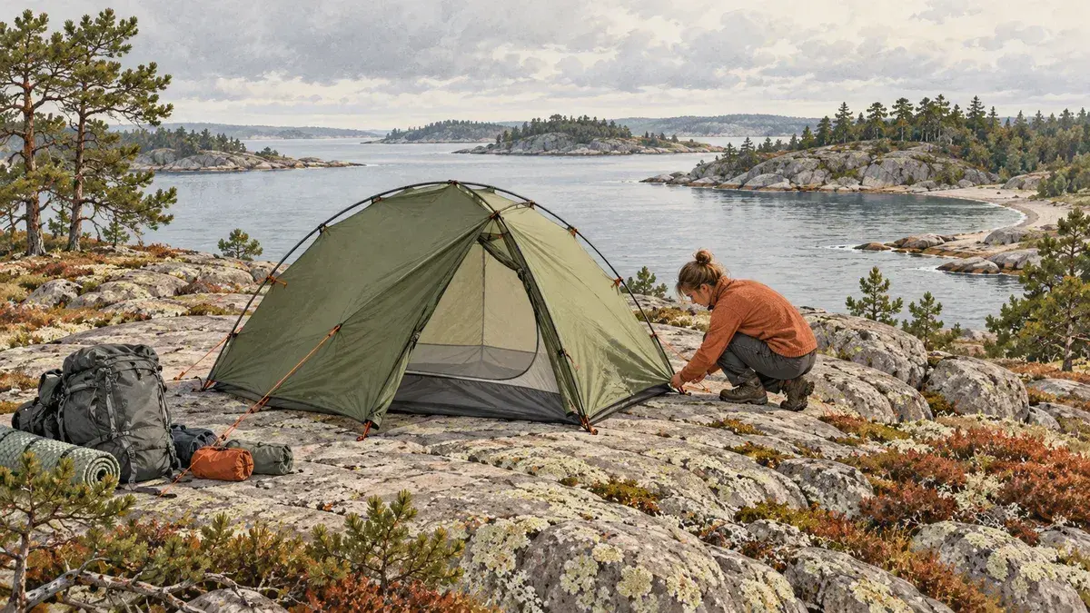 Illustration av en person vid ett grönt kupolformat tält på en berghäll i skärgården.