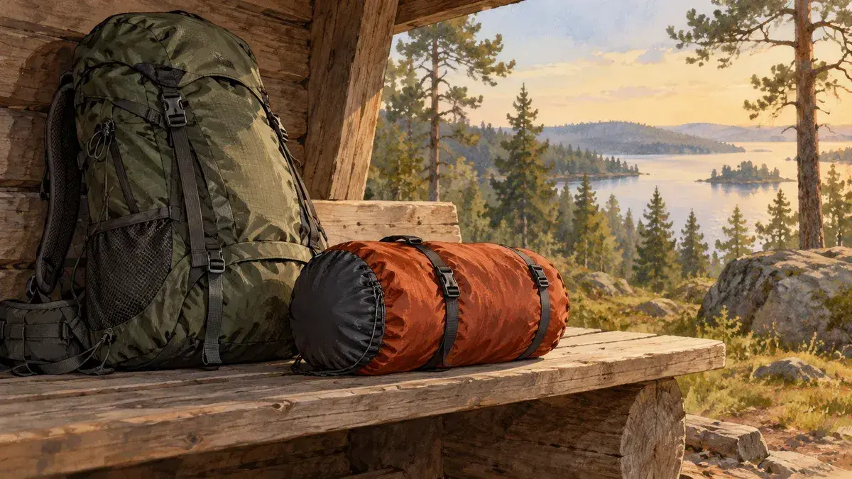 Illustration av en ryggsäck och orange kompressionspåse på en bänk i ett vindskydd vid en skogssjö