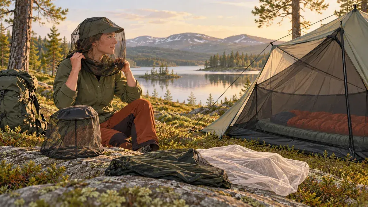 Illustration av ett huvudnät och ett upphängt myggnät vid en sommarövernattning.