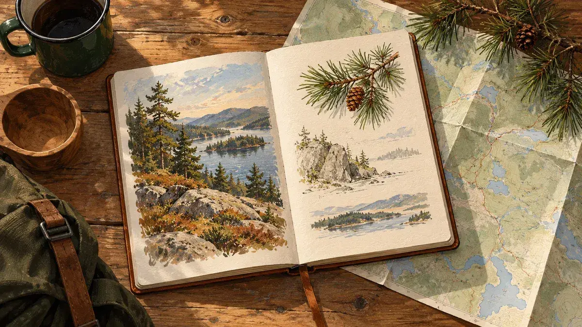 Illustrerad friluftsanteckningsbok med landskapsskisser, karta och barr på ett träbord.