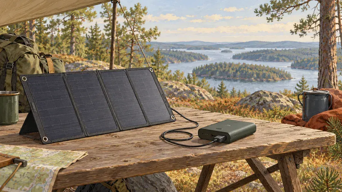 Illustration av solpanel och laddutrustning för en friluftstur.