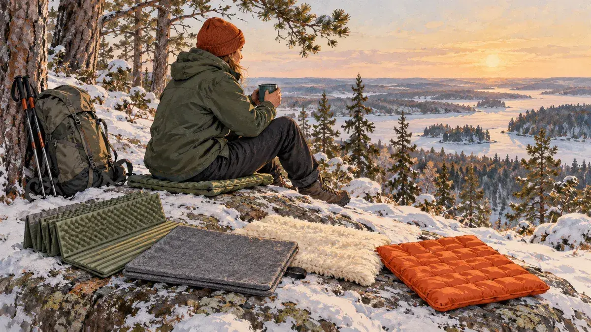 Illustration av olika sittunderlag på en snötäckt klipphäll och en person som rastar med en mugg.