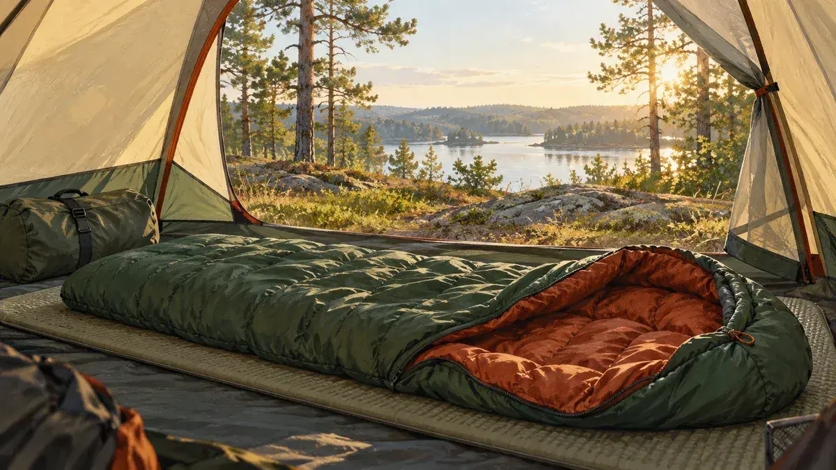 Illustration av en grön sovsäck med orange insida i ett tält vid en skogssjö; ingen namngiven produkt avbildas