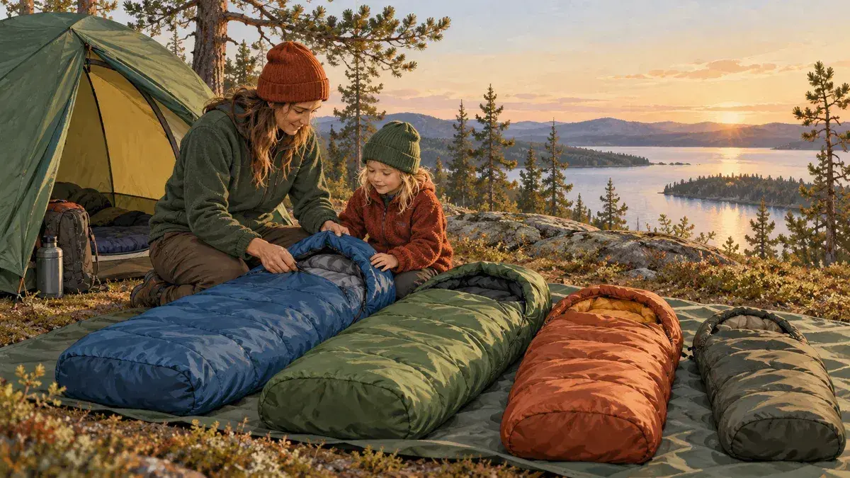 Illustration av fyra sovsäckar framför ett tält, där en vuxen och ett barn undersöker en av säckarna.