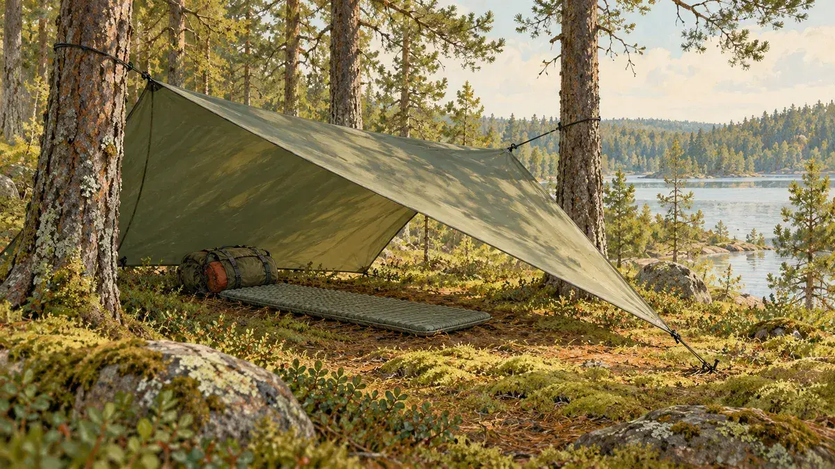 Illustration av en grön tarp över ett liggunderlag och en ryggsäck i skogen vid en sjö.
