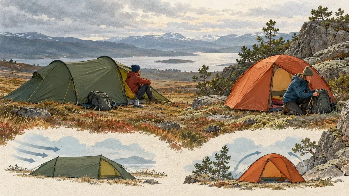 Illustration av ett tunneltält och ett kupoltält på en svensk tältplats.