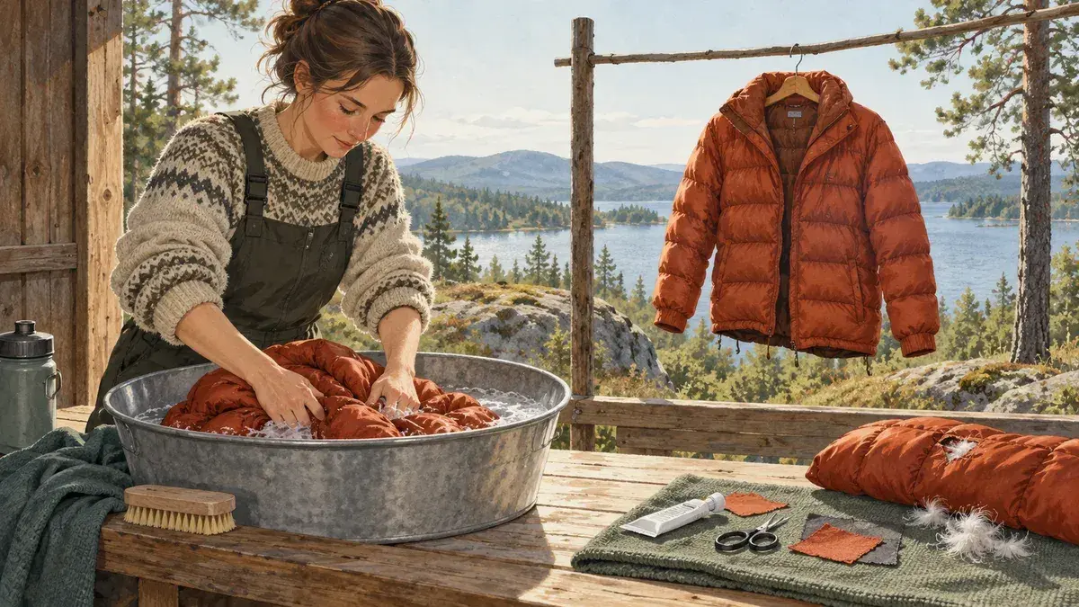 Illustration av handtvätt i balja, en jacka på tork utomhus och material för små lagningar