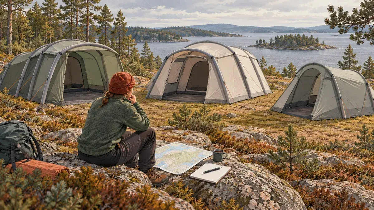 Illustration av tre tält i olika storlekar och en person med karta vid en sjö.