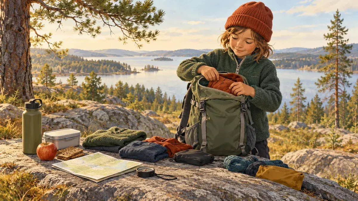 Illustration av en liten ryggsäck för barn under en skogsutflykt