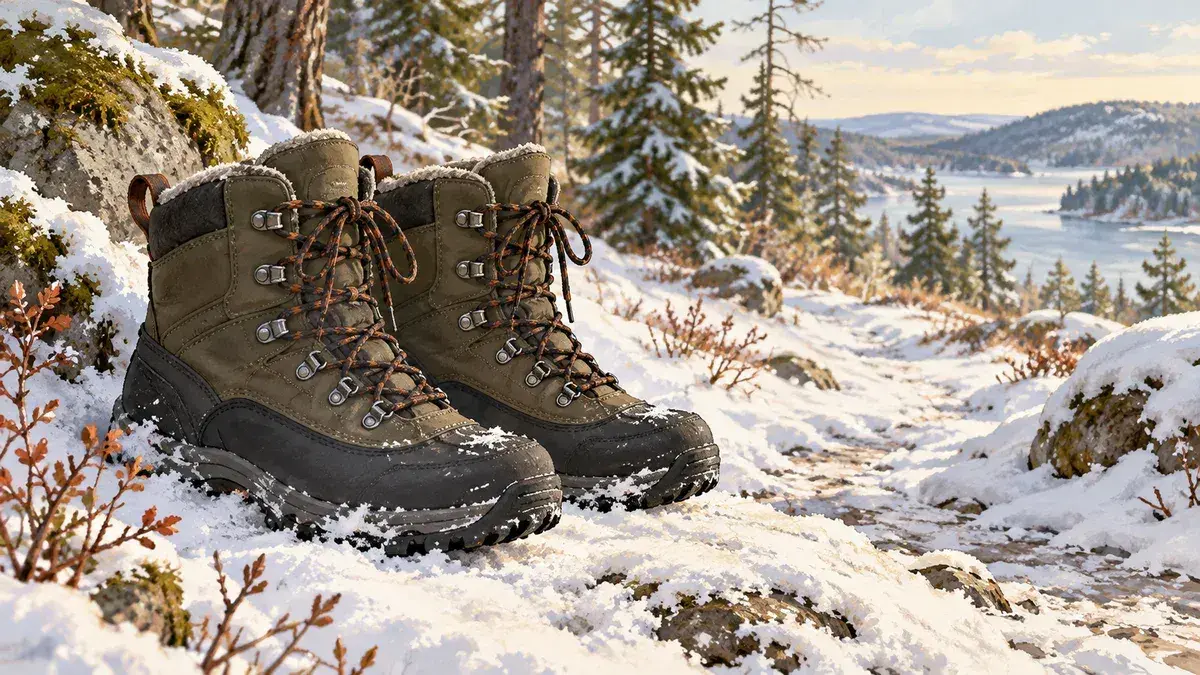 Illustration av vinterkängor vid en snötäckt stig