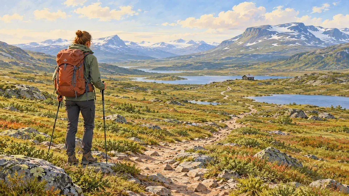 Illustration av en vandrare med stavar på en fjällstig med en stuga i bakgrunden.