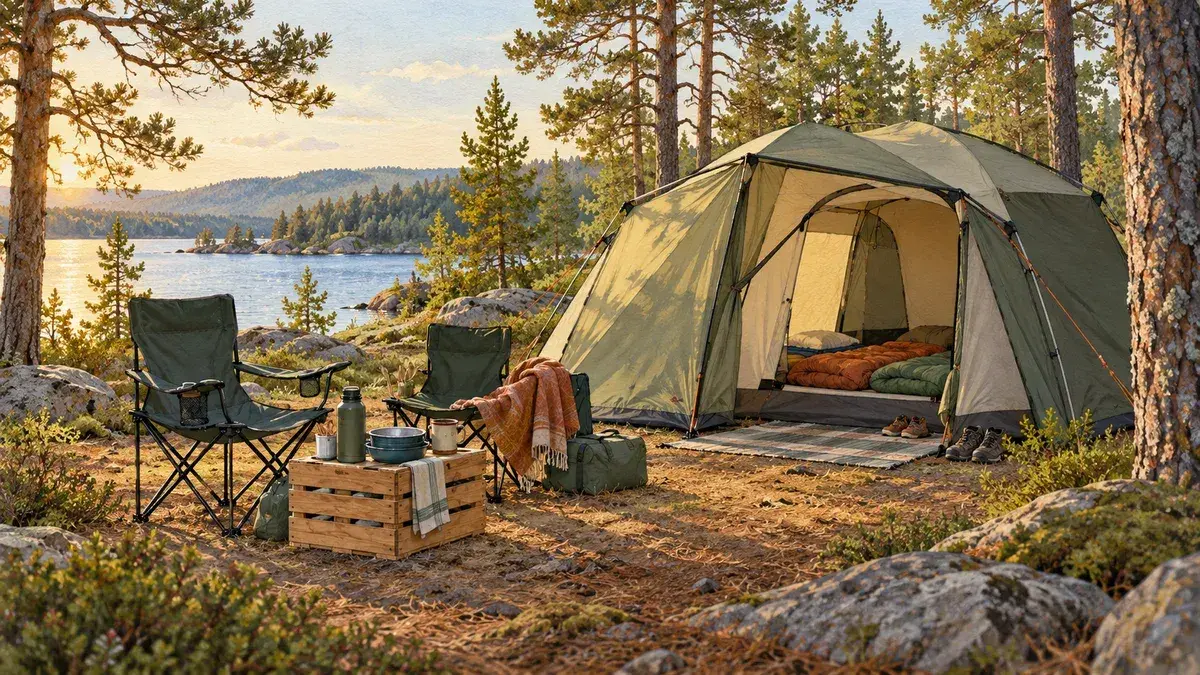 Illustration av familjens campingutrustning vid ett rymligt tält i svensk natur.