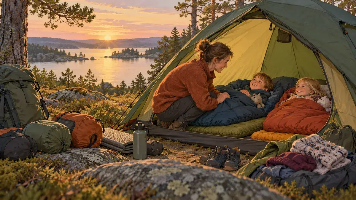 Illustration av en familj som ordnar liggunderlag och sovsäckar vid ett tält i en skogsglänta.
